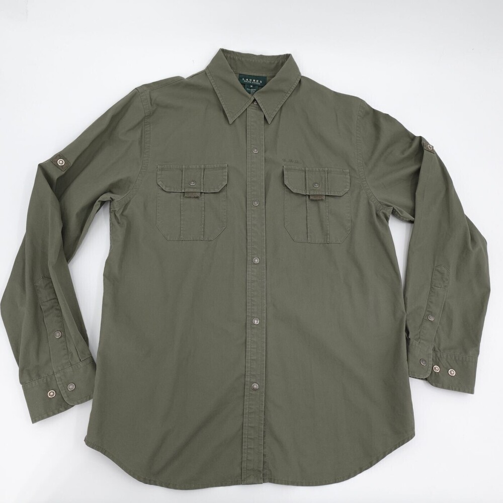 Lauren Ralph Lauren Shirt Womens Medium Green Roll Tab Pockets Button Up Logo